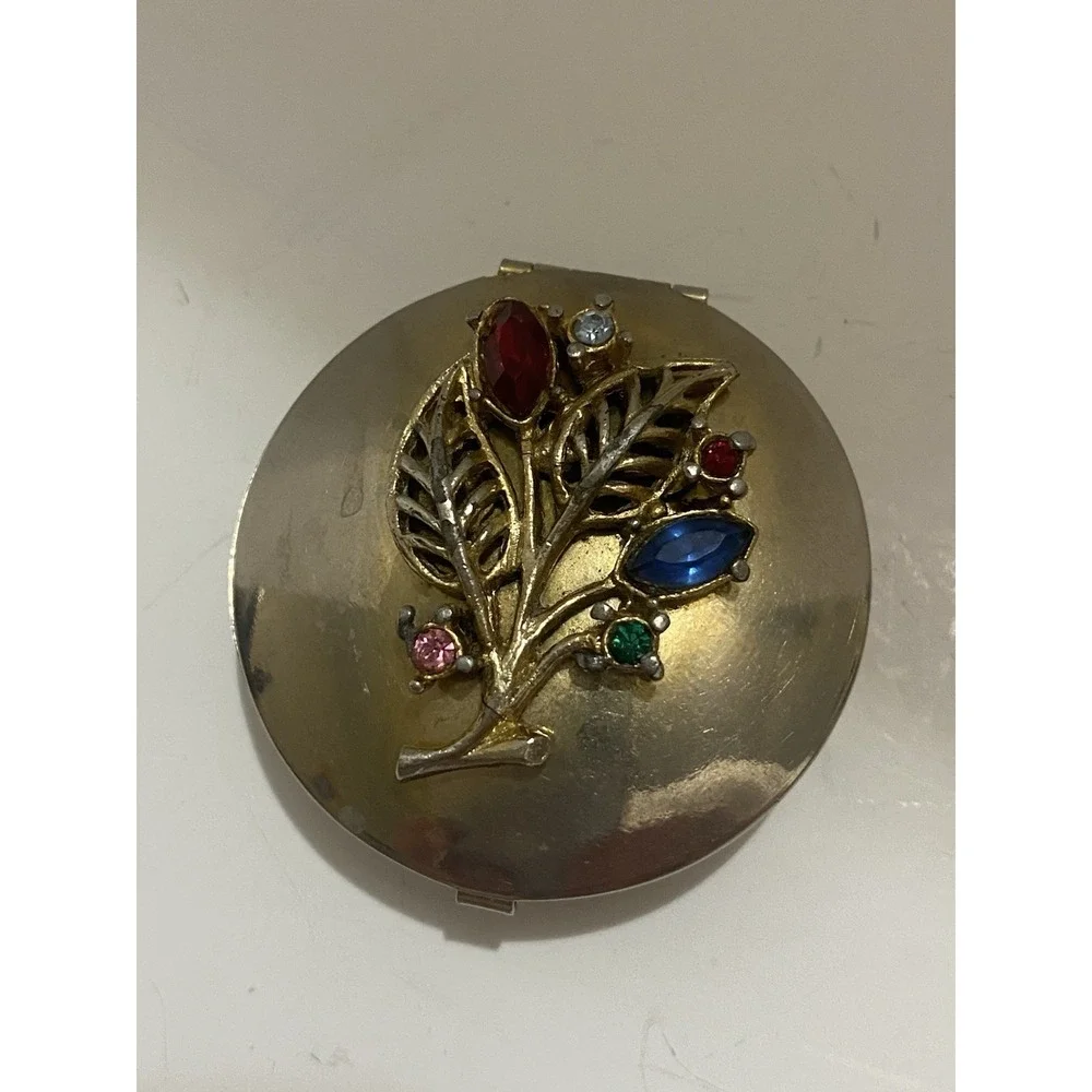 Vintage Style Pillbox Trinket Box With Floral Tree Of Life Rhinestones 1.5-1.75